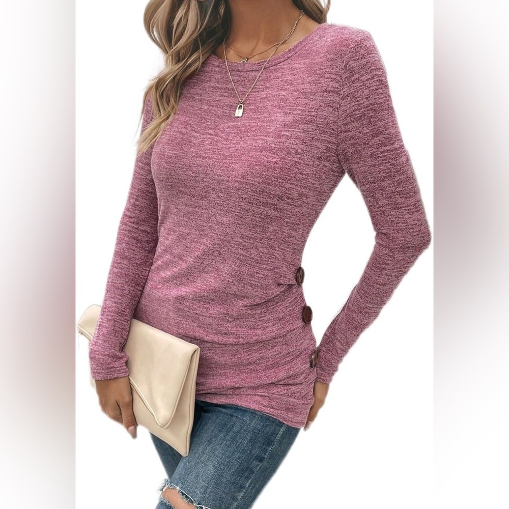 Women's Long Sleeve Round Neck T Shirt Ruched Button Pullover Tops